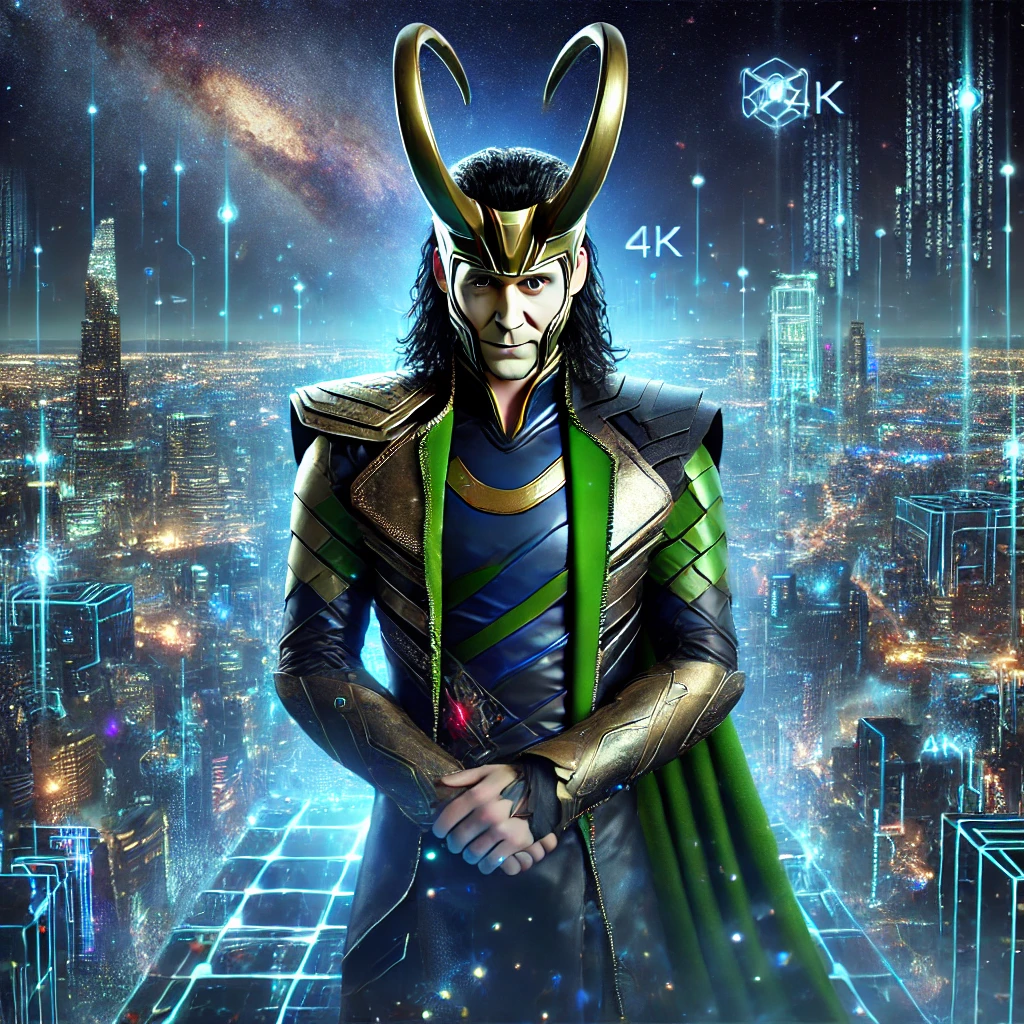 Loki en su versión cibernética, de pie sobre un acantilado digital, observando una ciudad futurista llena de rascacielos luminosos y circuitos de inteligencia artificial. Su armadura metálica resplandece en tonos verdes y dorados mientras la noche digital lo envuelve.
