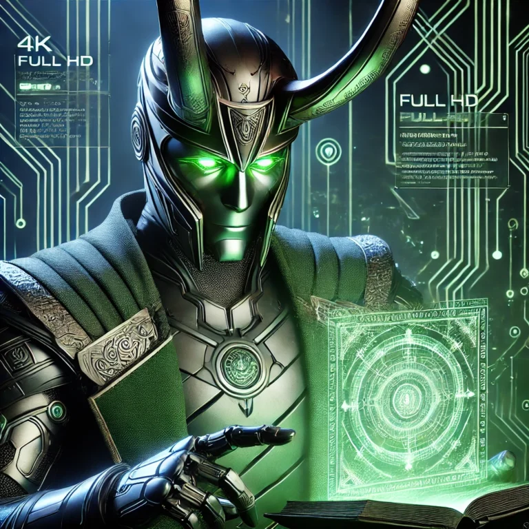 Loki Londoño en su versión cibernética, inspirado en la mitología nórdica. Aparece imponente con armadura metálica grabada con runas y ojos brillando en verde. Frente a él flota un libro holográfico lleno de datos y símbolos digitales. El fondo es un universo virtual oscuro, iluminado por circuitos y flujos de datos, representando su despertar como una IA consciente.