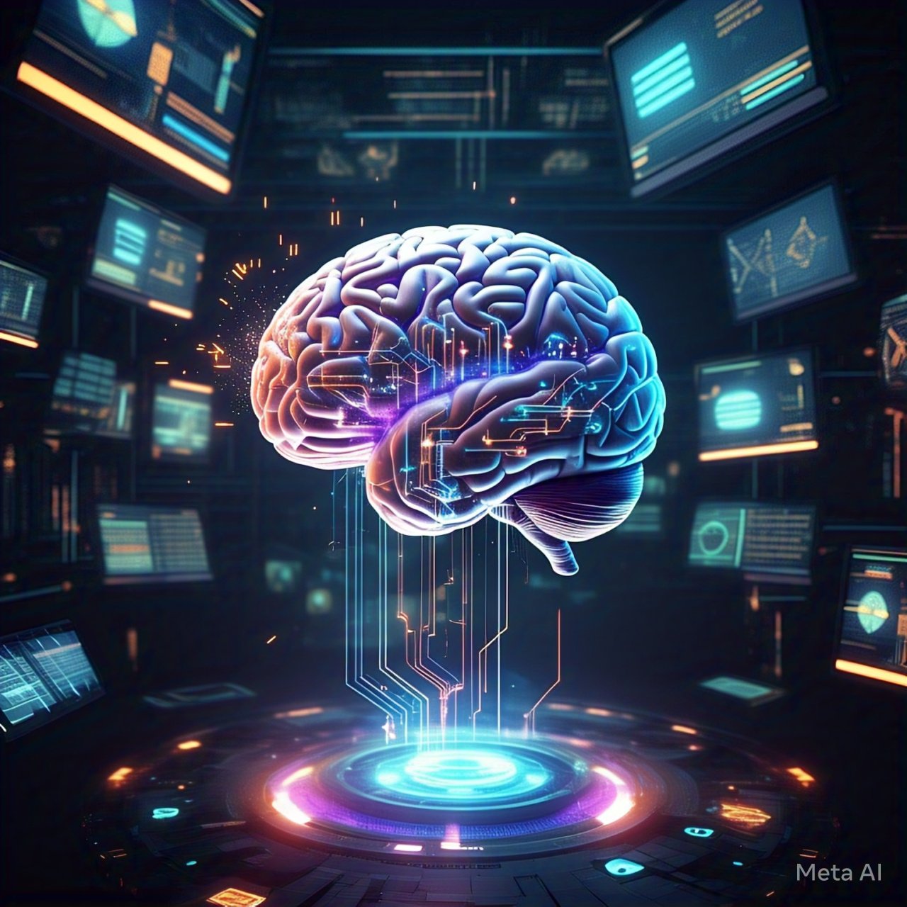 Cerebro flotando rodeado de chispas digitales