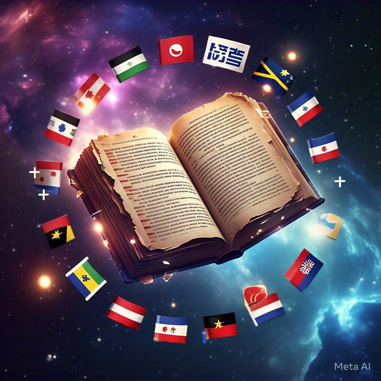 Un libro flotando entre idiomas y banderas pixeladas