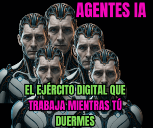 Representación de varios agentes de inteligencia artificial colaborando en una interfaz futurista, con energía compartida, cables conectores y entorno cyberpunk.