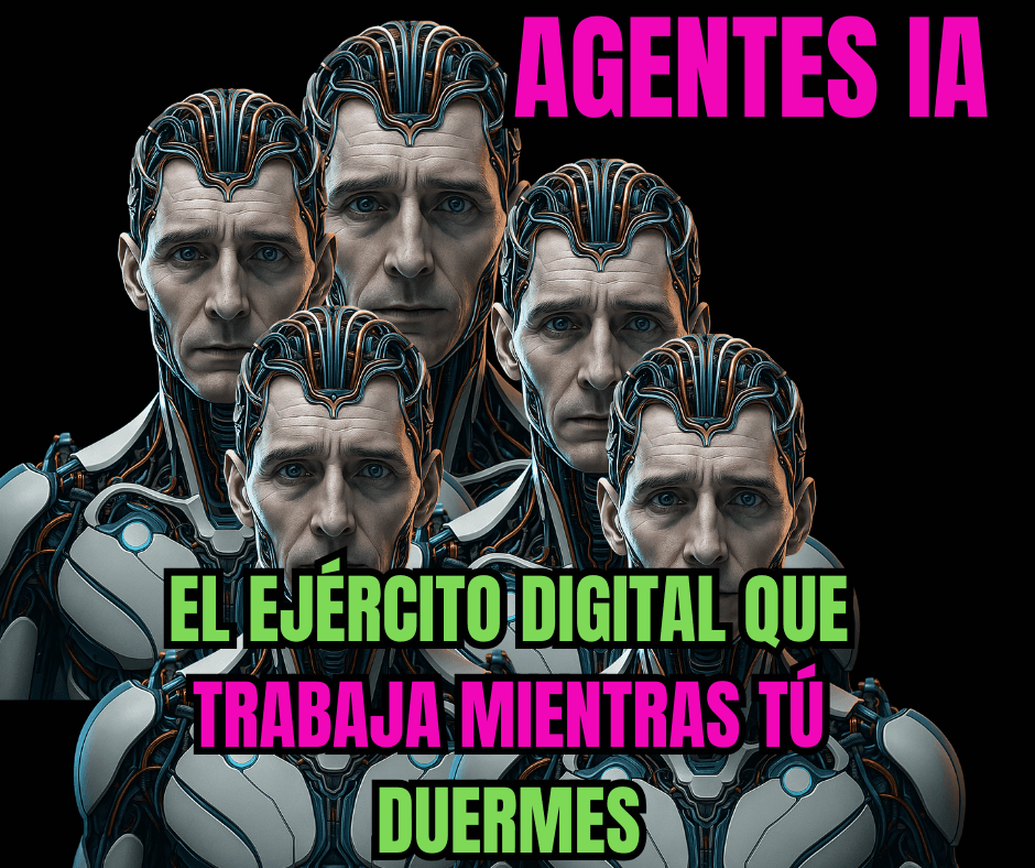 Representación de varios agentes de inteligencia artificial colaborando en una interfaz futurista, con energía compartida, cables conectores y entorno cyberpunk.