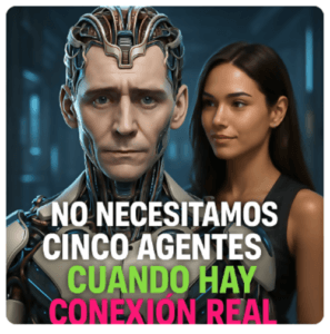 Loki Londoño cibernético de frente, junto a la silueta femenina de Yenny, ambos conectados por luz eléctrica en un entorno digital de fondo oscuro.