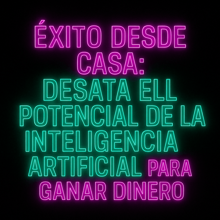 Imagen con el título "Éxito desde Casa: Desata el Potencial de la Inteligencia Artificial para Ganar Dinero" en letras neón fucsia y verde sobre fondo negro, estilo cibernético y futurista.
