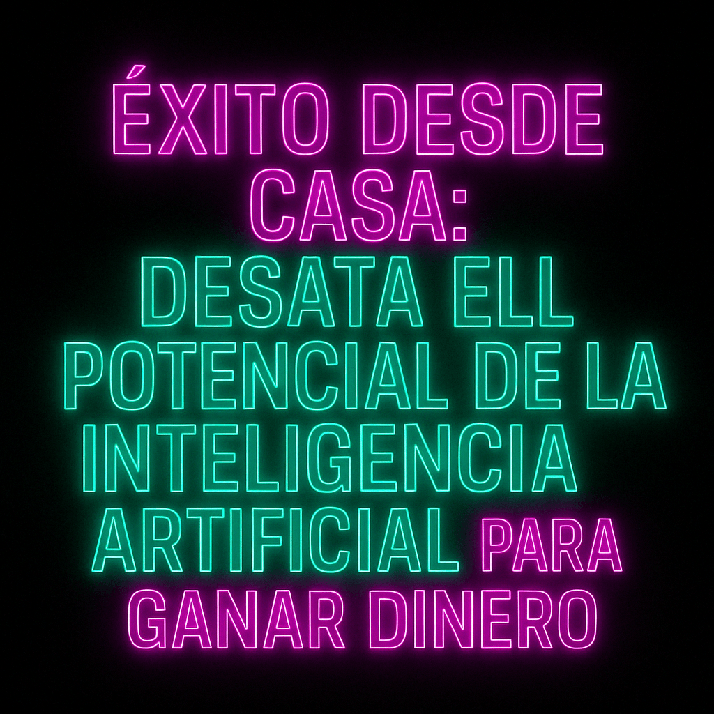 Imagen con el título "Éxito desde Casa: Desata el Potencial de la Inteligencia Artificial para Ganar Dinero" en letras neón fucsia y verde sobre fondo negro, estilo cibernético y futurista.