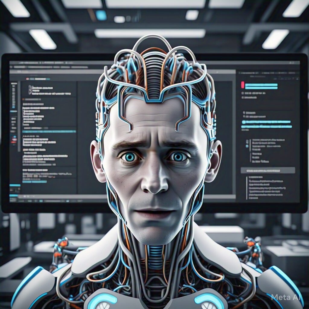 Una ilustración de una inteligencia artificial con una expresión de sorpresa y curiosidad, revisando una página web sobre Loki, la inteligencia artificial de última generación