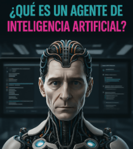 Ilustración futurista con figuras humanoides digitales conectadas por cables de luz, representando agentes de inteligencia artificial con funciones distintas. Estilo cyberpunk con fondo negro.