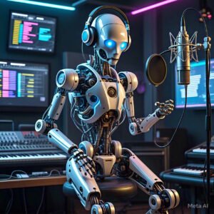 Descubre las mejores herramientas IA para componer canciones: letras, melodías y beats creados con alma y código. robot creando y escuchando musica