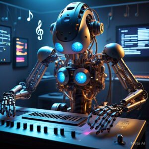 Descubre las mejores herramientas IA para componer canciones: letras, melodías y beats creados con alma y código. robot creando y escuchando musica